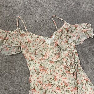 Floral Ruffle Cold-Shoulder Maxi Dress - Cream with Pink Roses